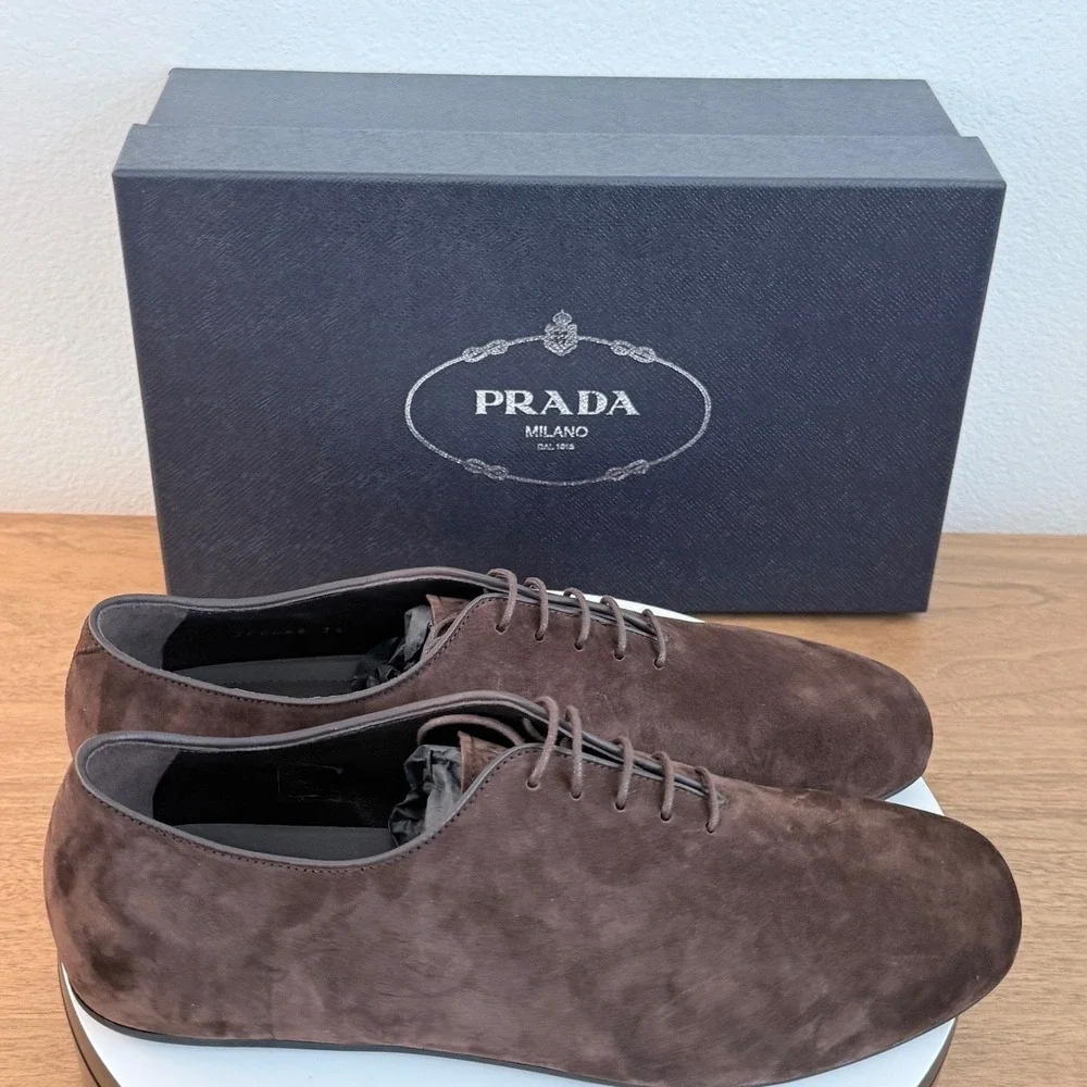 Prada Mens Vit.Scamosciato Suede Oxford Shoes Moro Brown 2EG448 Size 10.5